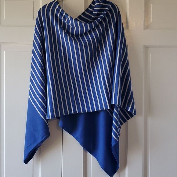 NWOT HANNAH ROSE COTTON CASHMERE ROYAL BLUE WHITE STRIPE ASSYMETRIC PONCHO SCARF - Picture 4 of 6